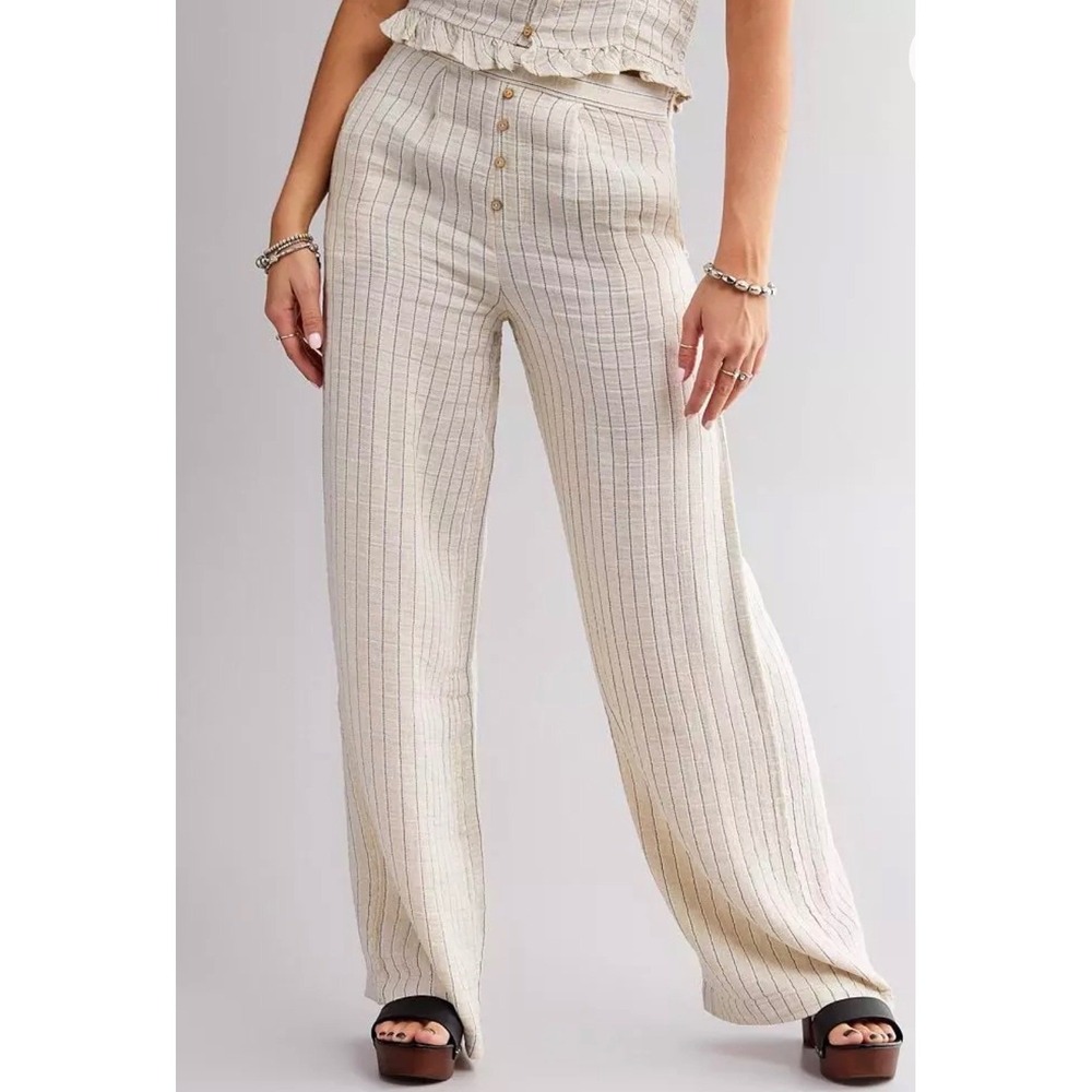 Miss Me Womens Size L Linen Blend Striped Wide Leg High Rise Pants Beige